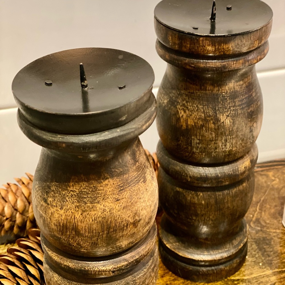 Set of 2 Rustic Brown Wooden Candle Holders - Picture 4 of 4